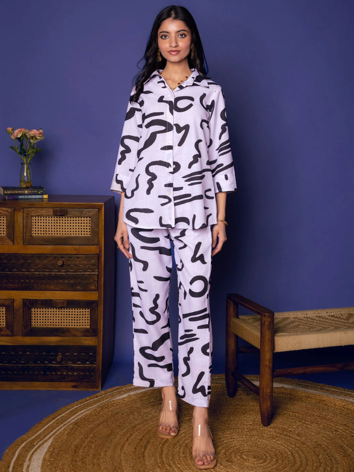 White Linen Blend Shirt Collar Abstract Print Co-Ord Set For Women's