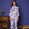 White Linen Blend Shirt Collar Abstract Print Co-Ord Set For Women's
