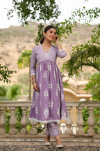 LAVENDER COTTON V NECK KHADI PRINT KURTA PANT SET