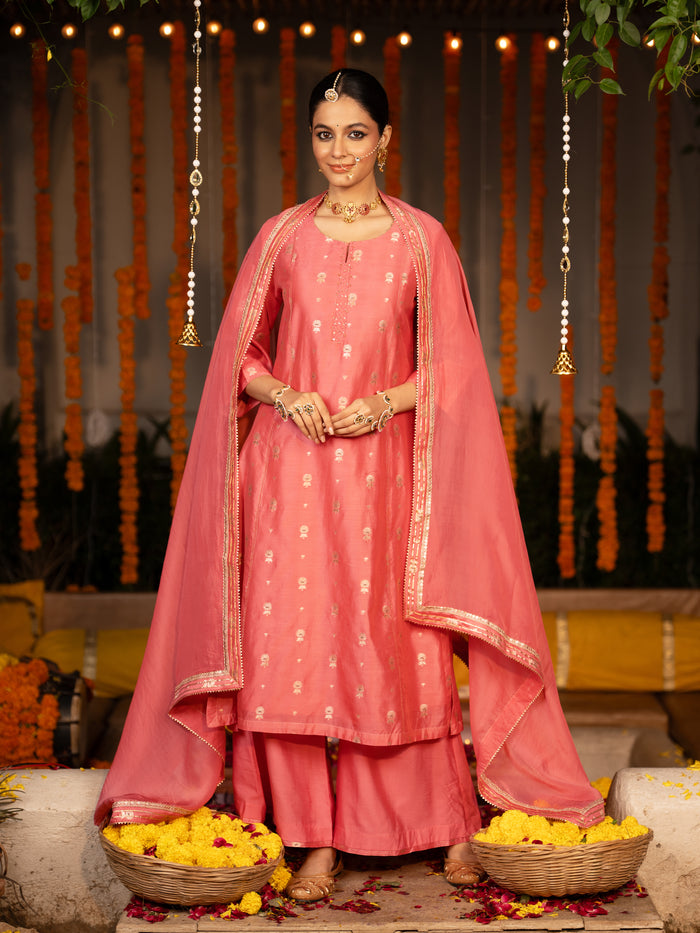 Peach Pure Chanderi Round Neck Complete Suit Set For Women's