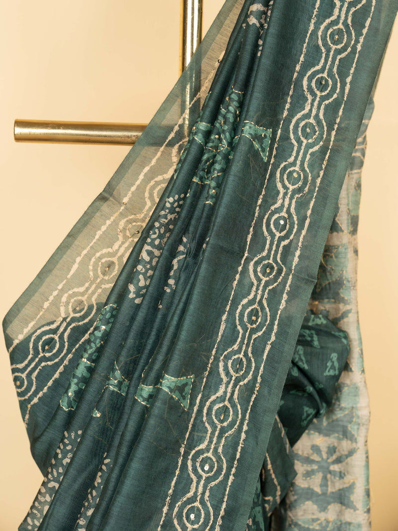 Dark Gray Chanderi Block Print Hand Kantha Saree