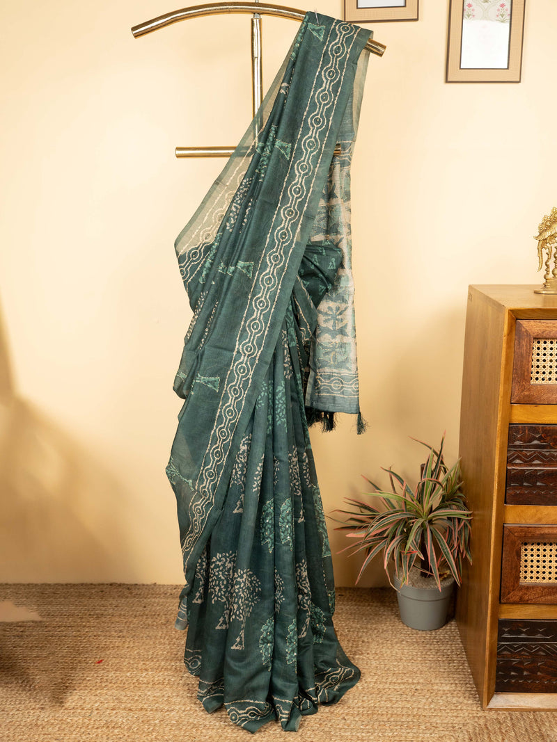 Dark Gray Chanderi Block Print Hand Kantha Saree