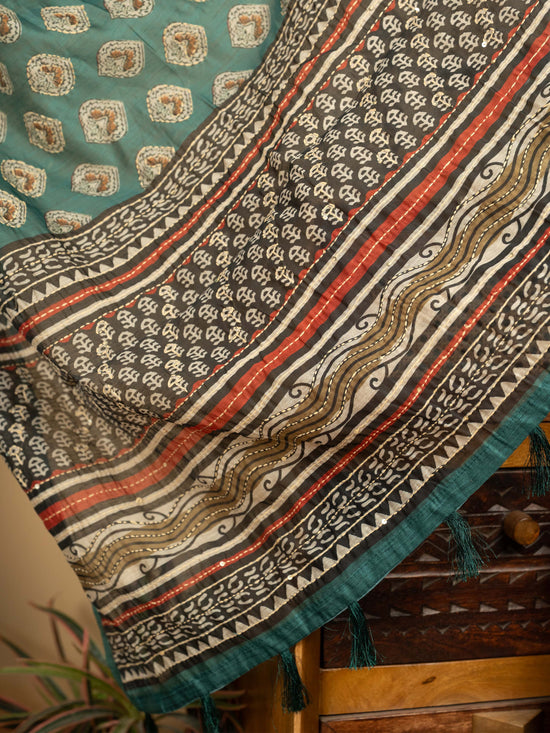 Sea Green Chanderi Block Print Hand Kantha Saree
