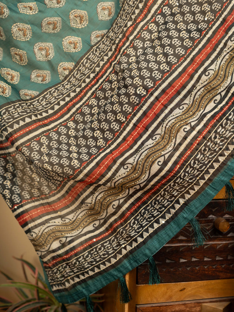 Sea Green Chanderi Block Print Hand Kantha Saree
