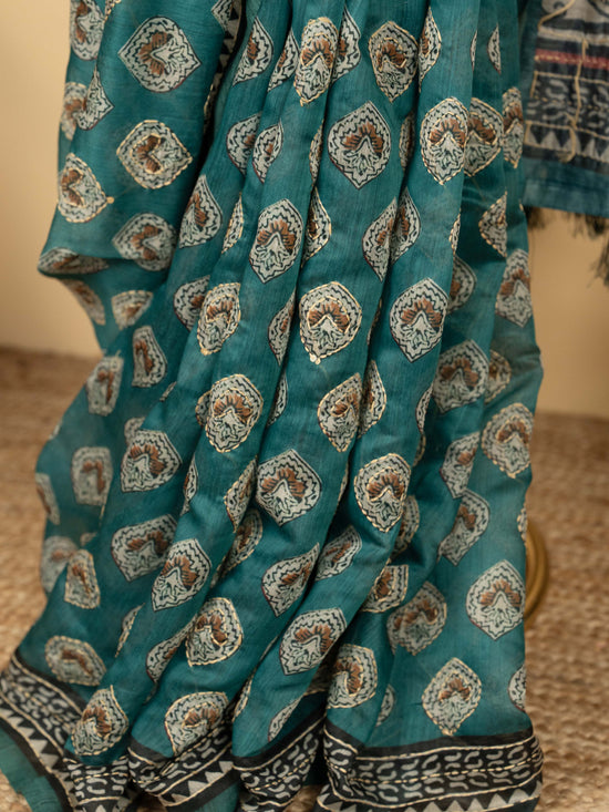 Sea Green Chanderi Block Print Hand Kantha Saree