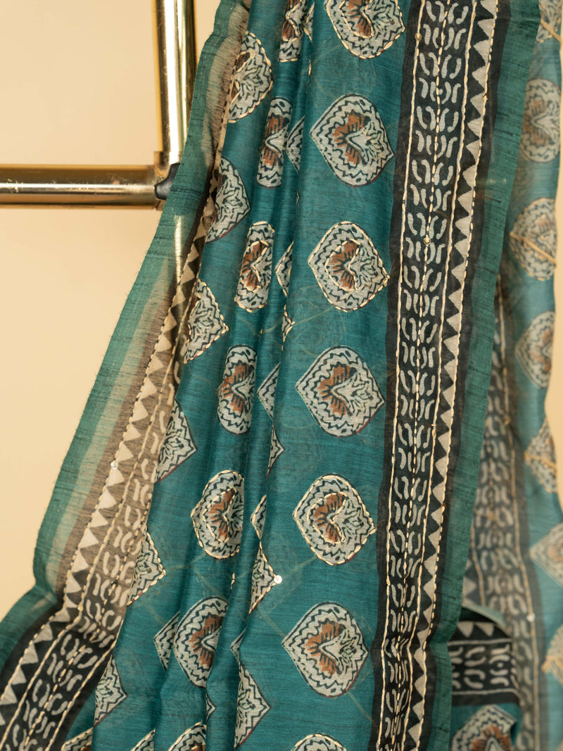 Sea Green Chanderi Block Print Hand Kantha Saree