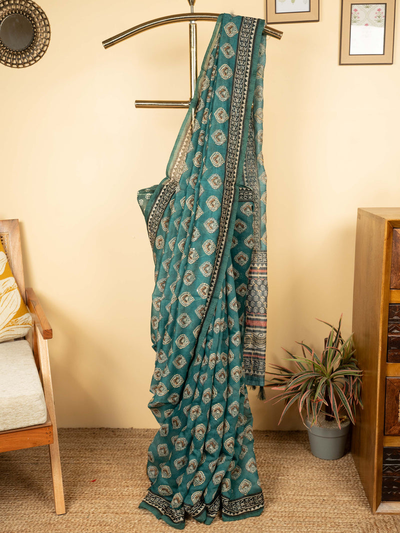 Sea Green Chanderi Block Print Hand Kantha Saree
