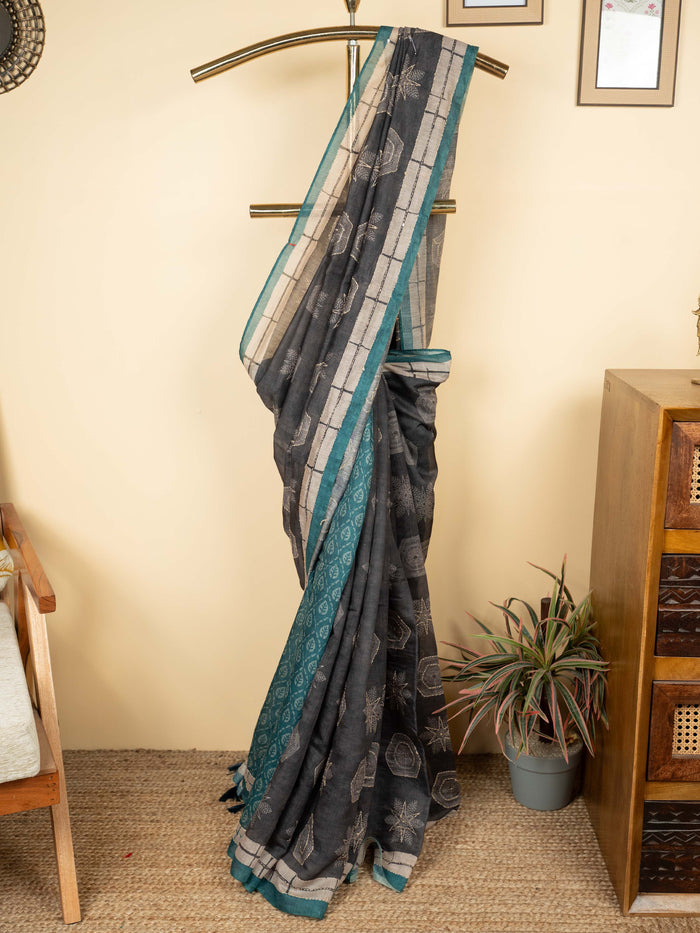 Charcoal Gray Chanderi Block Print With Motifs Saree