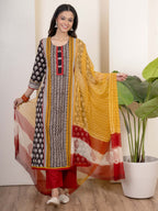 Black Cotton Handblock Print Complete Suit Set For Women's