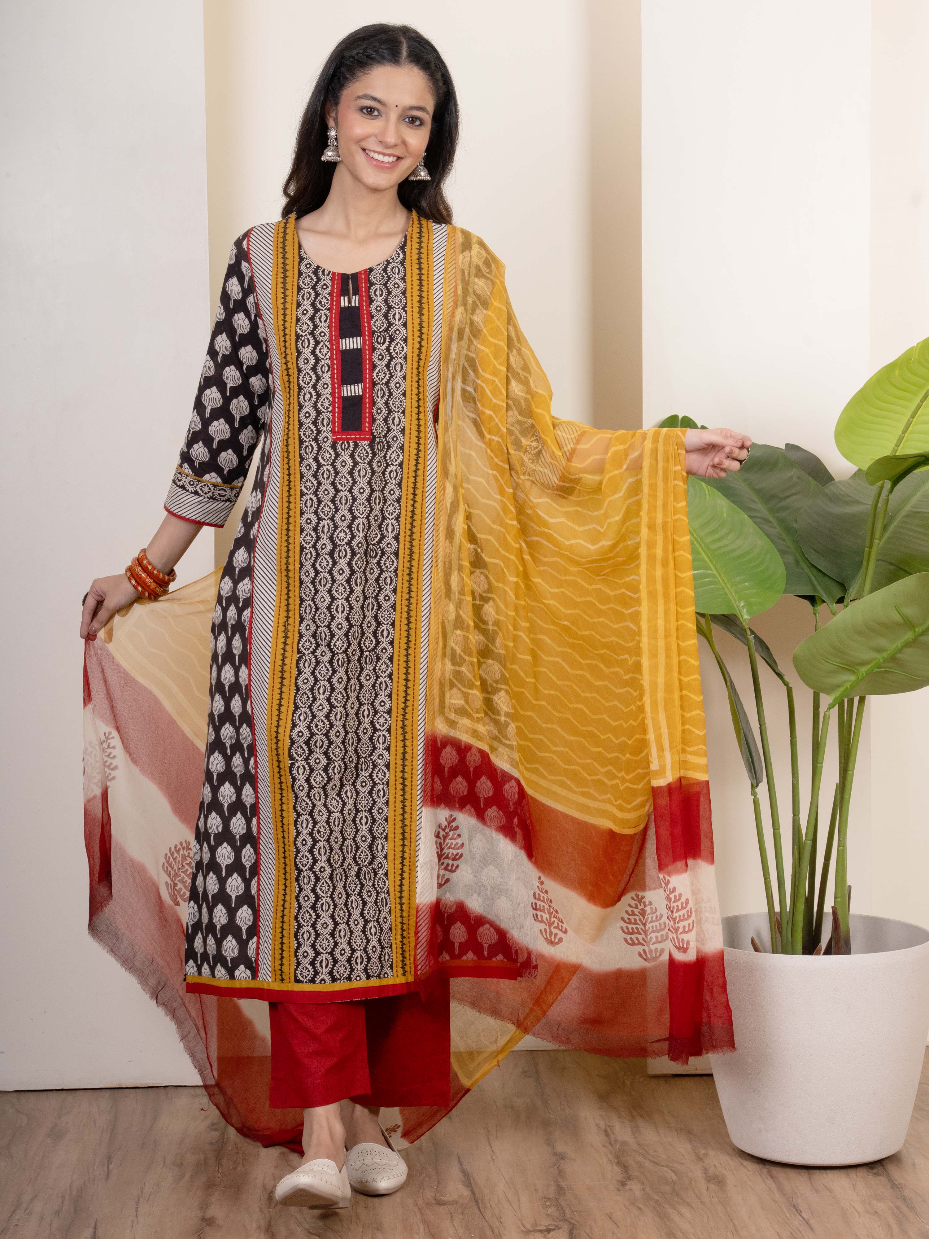 Black Cotton Handblock Print Complete Suit Set For Women's