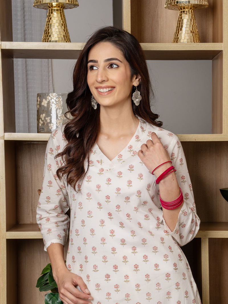 White Cotton V-Neck Booti Print Kurta For Women's