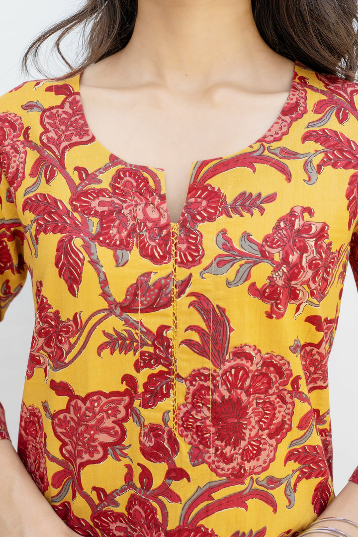 Mustard Cotton Floral Printed Kurta For Women's