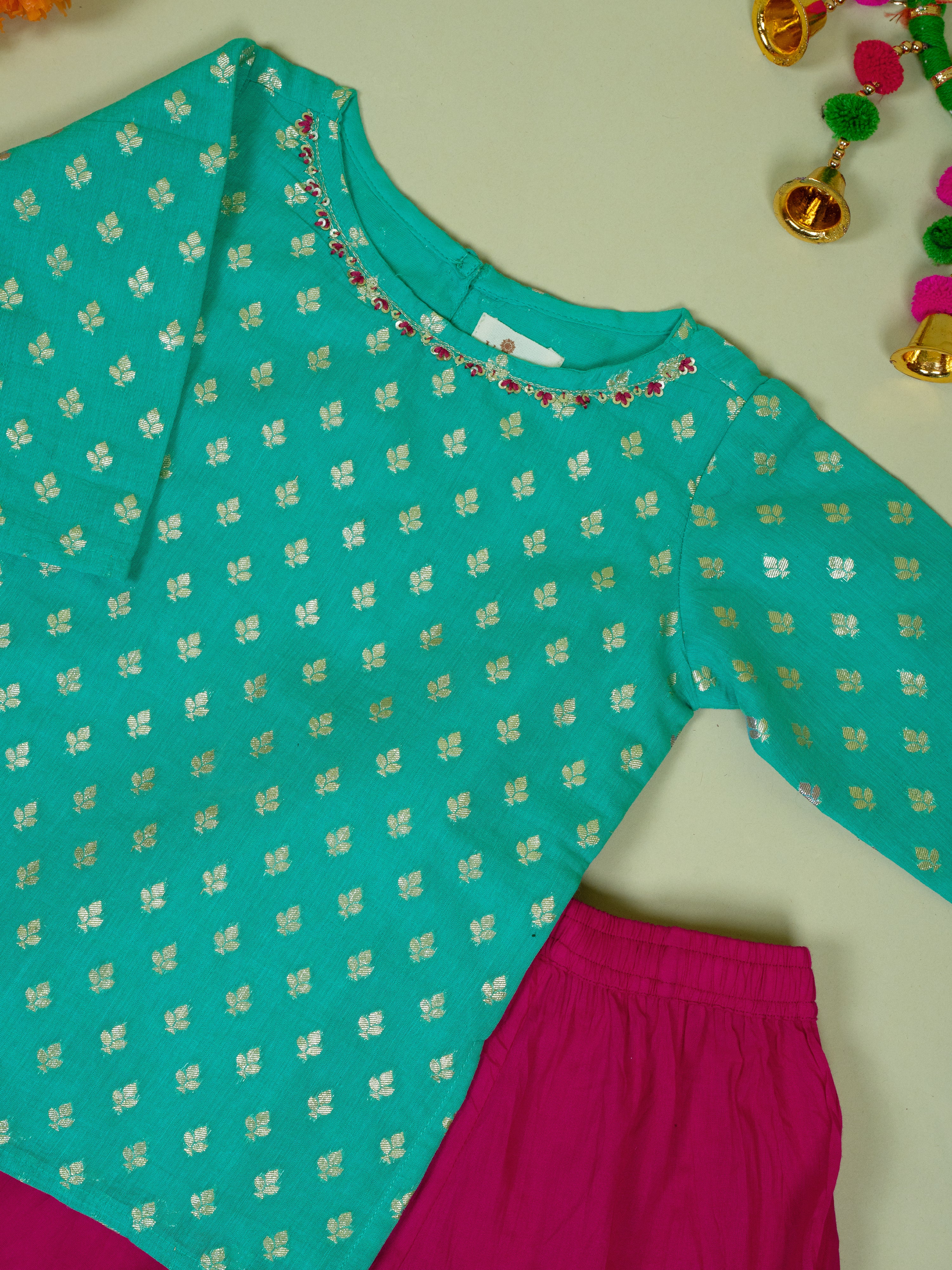 Turquoise Banarasi Chanderi Kurta Shrara Dupatta Set For Girls