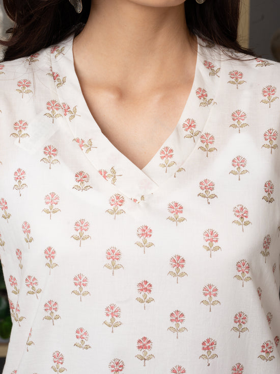 White Cotton V-Neck Booti Print Kurta For Women's