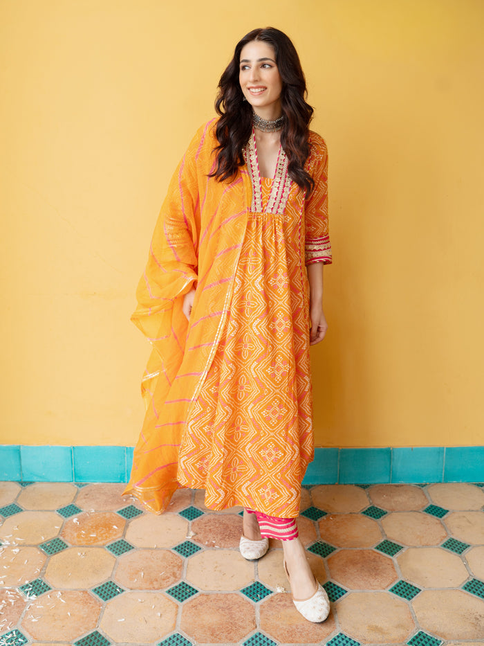 Orange Cotton Bandhani Print Complete Suit Set For Women's