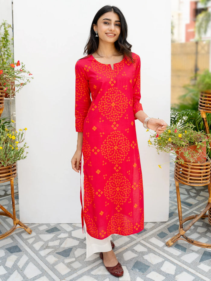 Red Bandhani Printed Cotton Kurta For Women's
