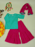 Turquoise Banarasi Chanderi Kurta Shrara Dupatta Set For Girls