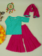 Turquoise Banarasi Chanderi Kurta Shrara Dupatta Set For Girls