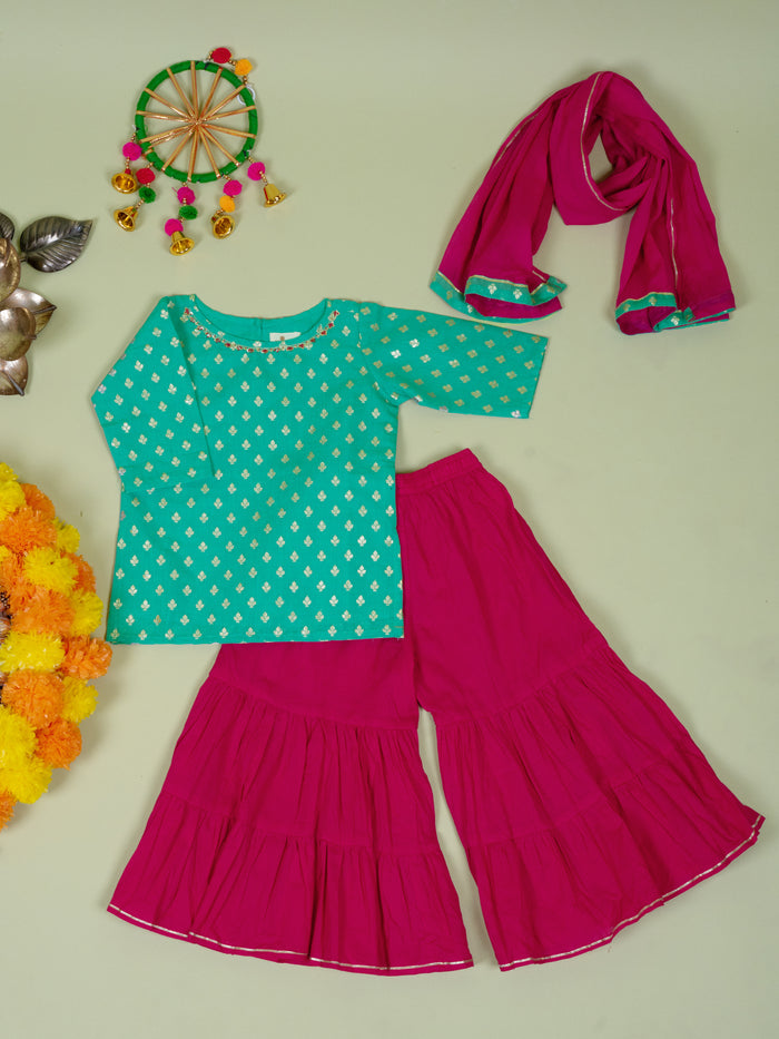 Turquoise Banarasi Chanderi Kurta Shrara Dupatta Set For Girls