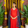 Red Cotton Slub V-Neck Complete Suit Set For Women's