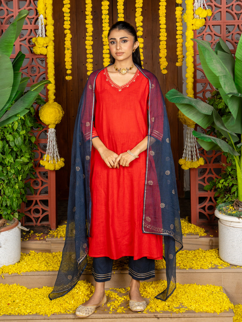 Red Cotton Slub V-Neck Complete Suit Set For Women's