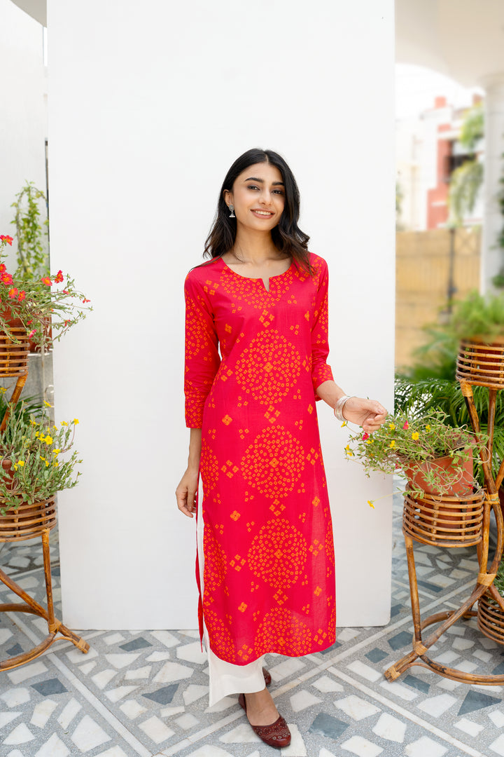 Red Bandhani Printed Cotton Kurta For Women's