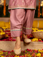 Mauve Banarasi Chanderi Round Neck Complete Suit Set For Women's