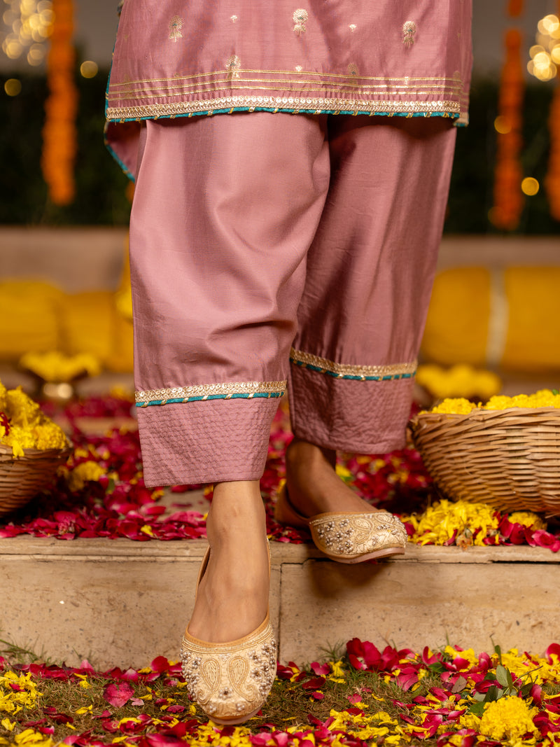 Mauve Banarasi Chanderi Round Neck Complete Suit Set For Women's