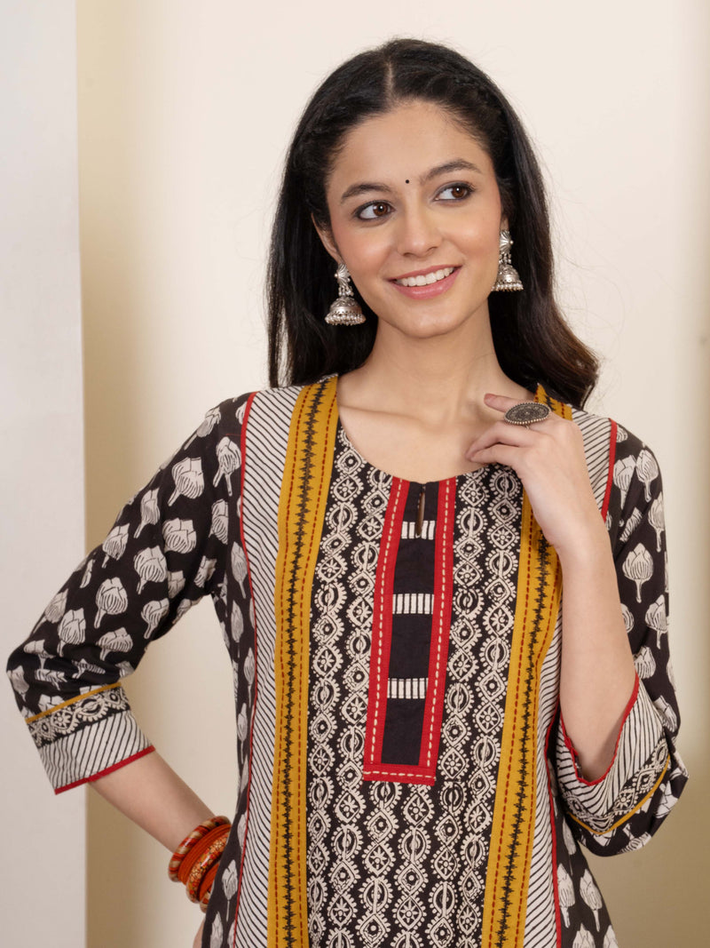 Black Cotton Handblock Print Complete Suit Set For Women's