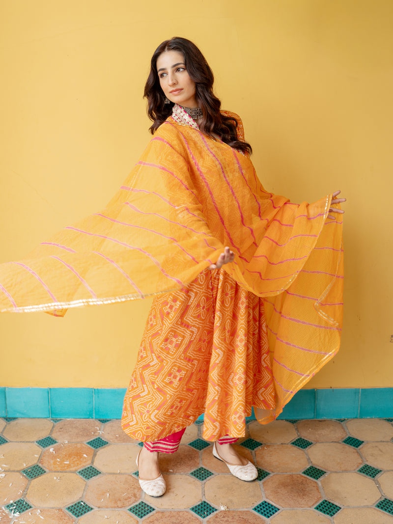 Orange Cotton Bandhani Print Complete Suit Set For Women's