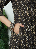 Dark Gray Cotton Collar Neck Daabu Hand Print Kurta For Women's