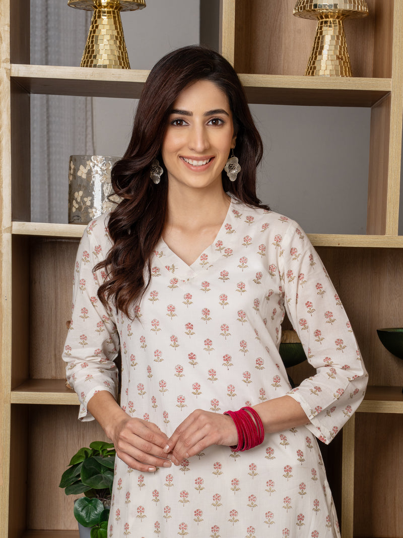 White Cotton V-Neck Booti Print Kurta For Women's
