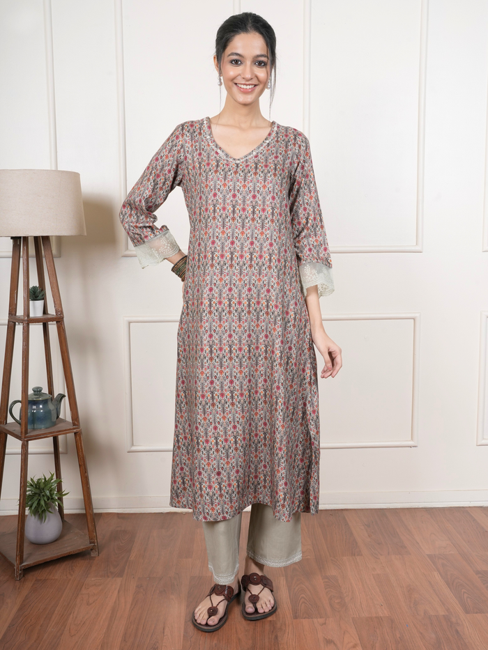 Multicolored Viscose Twill Kurta Pant Set For Women's