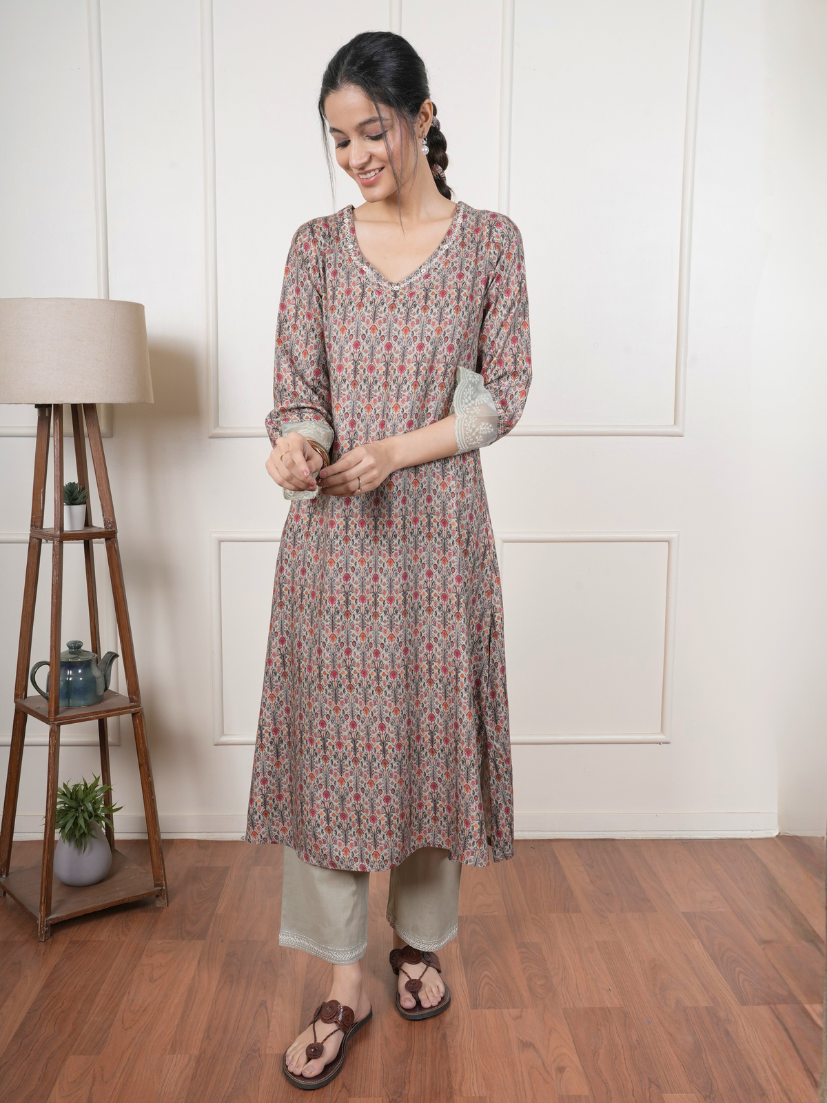 Multicolored Viscose Twill Kurta Pant Set For Women's