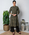Dark Gray Cotton Collar Neck Daabu Hand Print Kurta For Women's
