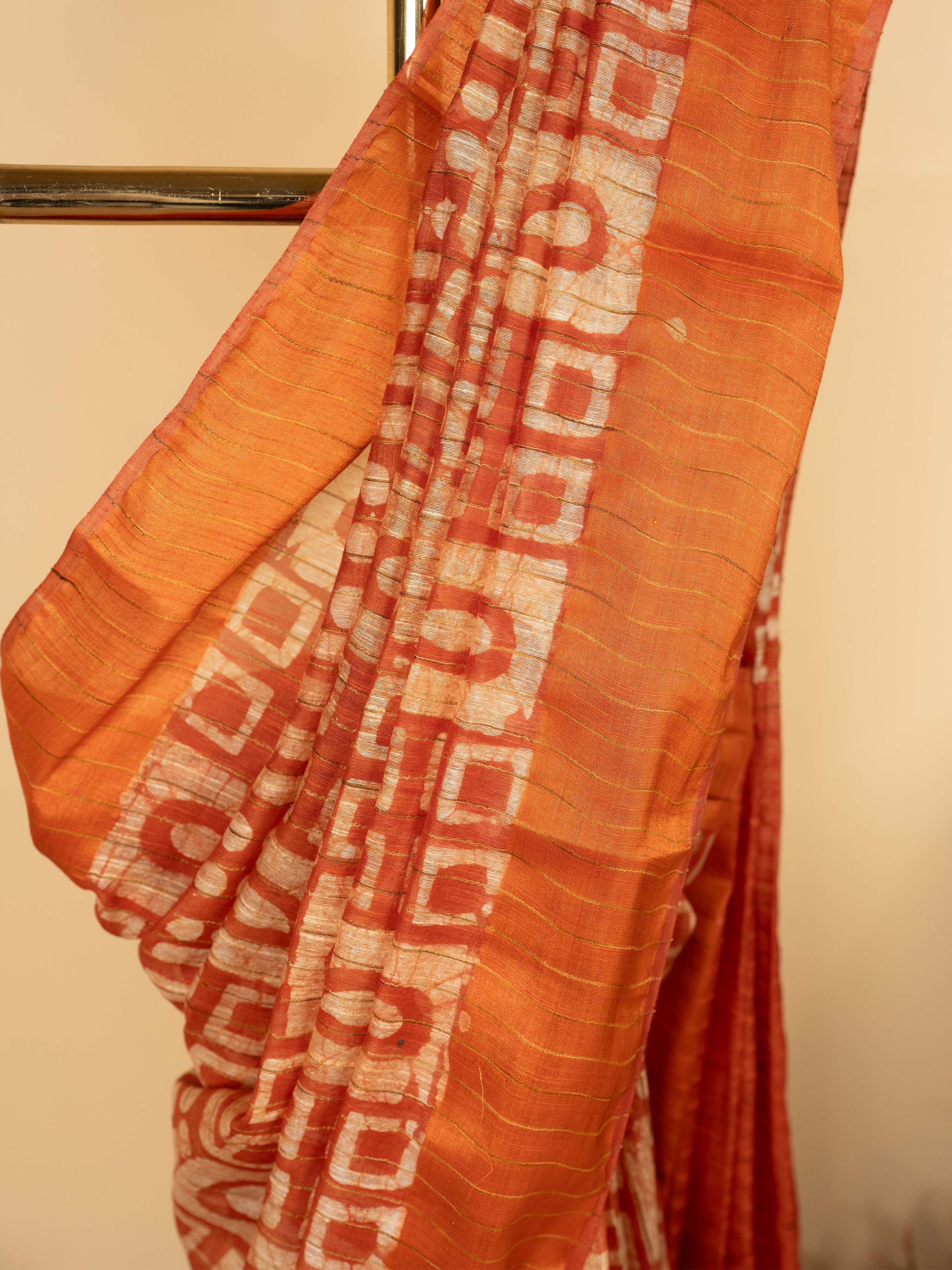 Brick Red Cotton Block Print Saree