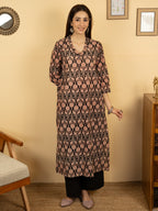 Black Colour Cotton V Neck Block Print Kurta For Women's