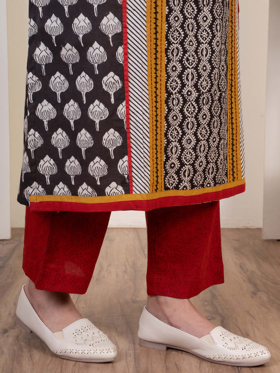 Black Cotton Handblock Print Complete Suit Set For Women's