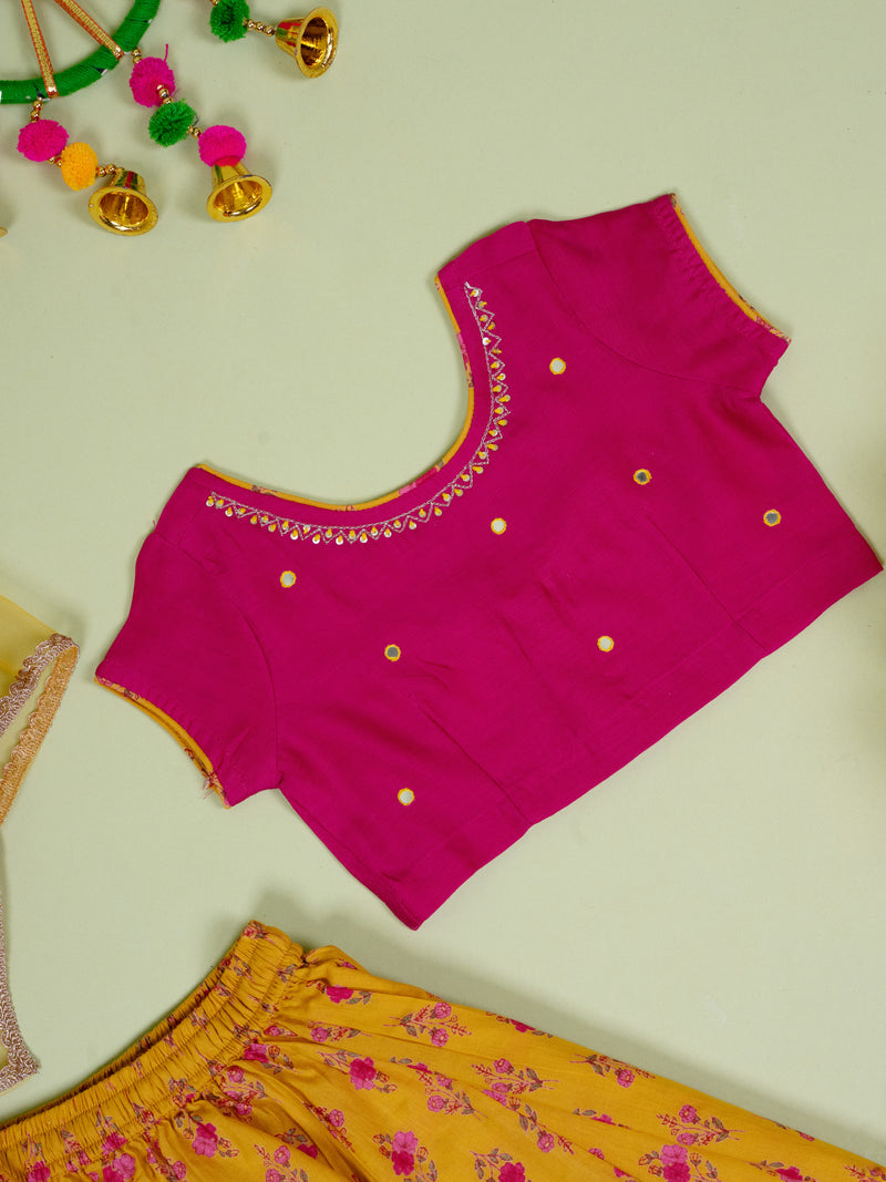 Pink & Musturd Chanderi 3 pcs Lehanga Set For Girls