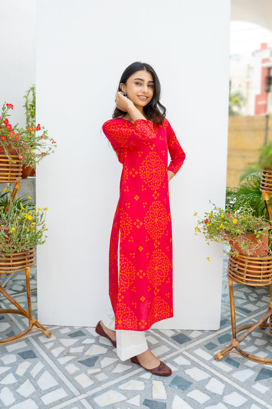 Red Bandhani Printed Cotton Kurta For Women's