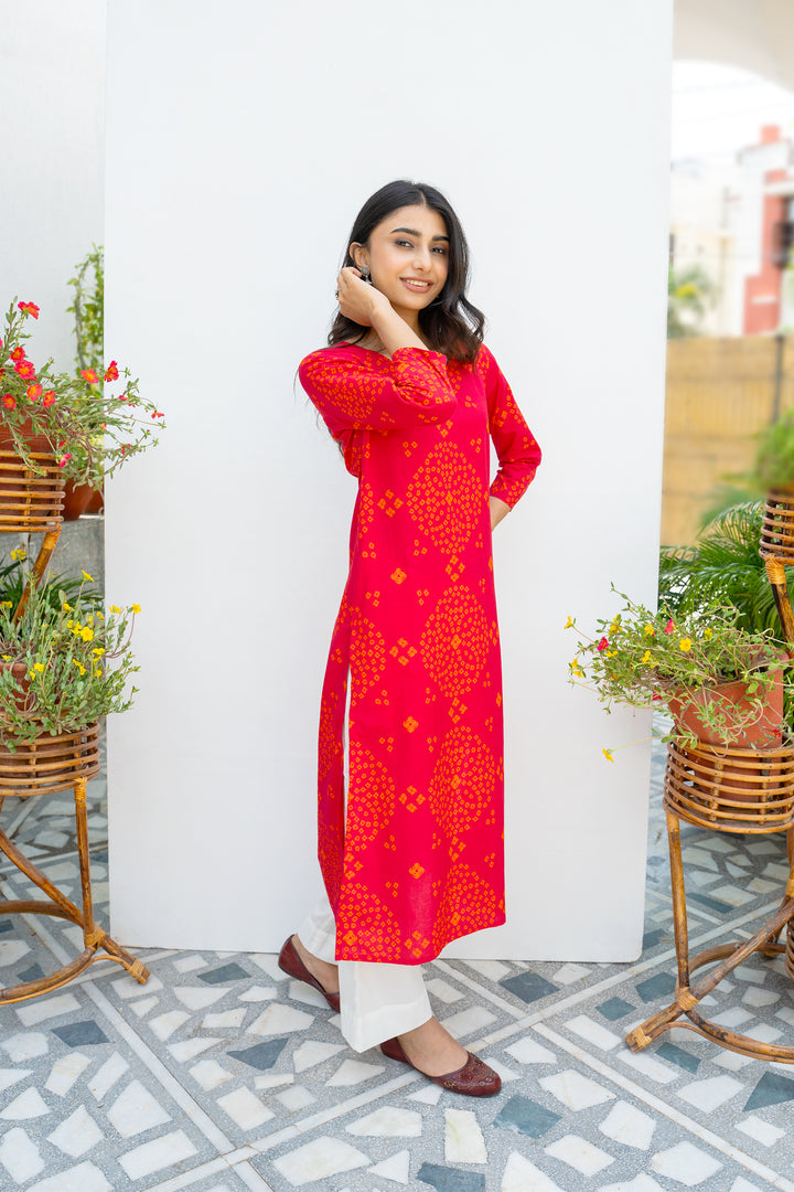 Red Bandhani Printed Cotton Kurta For Women's