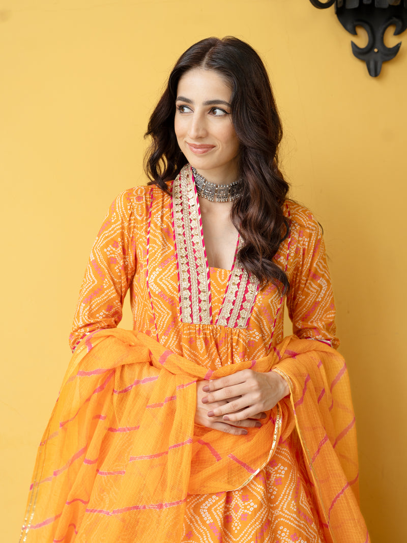 Orange Cotton Bandhani Print Complete Suit Set For Women's