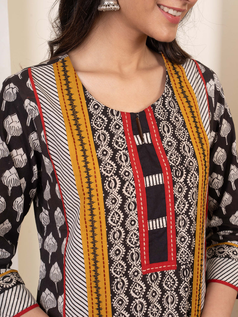 Black Cotton Handblock Print Complete Suit Set For Women's