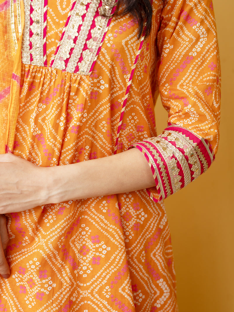 Orange Cotton Bandhani Print Complete Suit Set For Women's