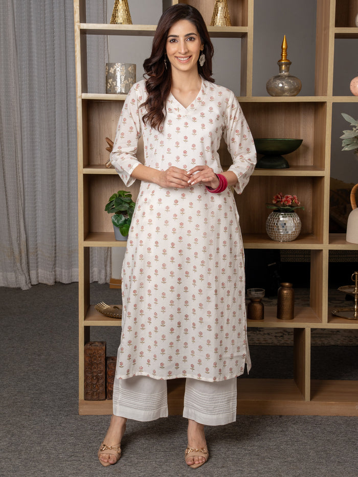 White Cotton V-Neck Booti Print Kurta For Women's