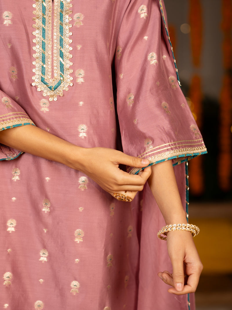 Mauve Banarasi Chanderi Round Neck Complete Suit Set For Women's