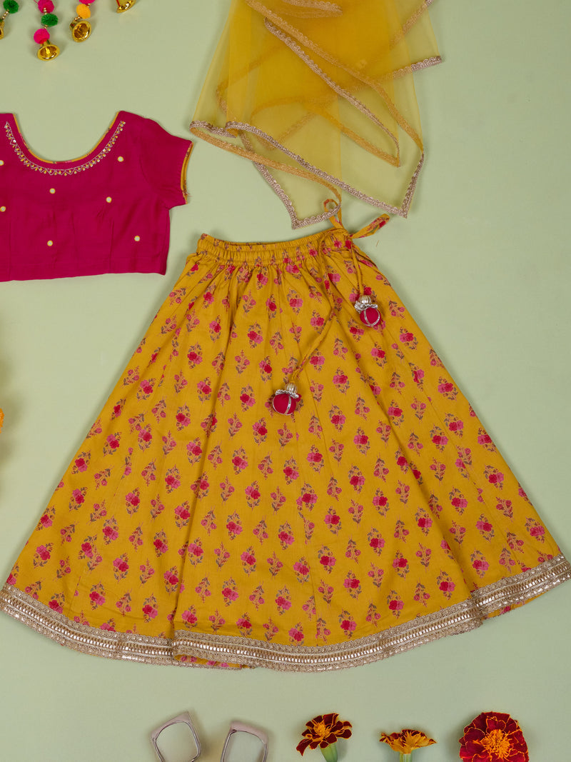 Pink & Musturd Chanderi 3 pcs Lehanga Set For Girls