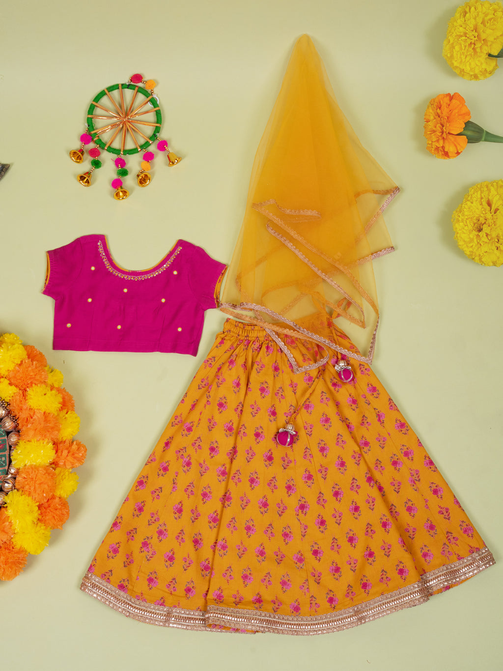 Pink & Musturd Chanderi 3 pcs Lehanga Set For Girls