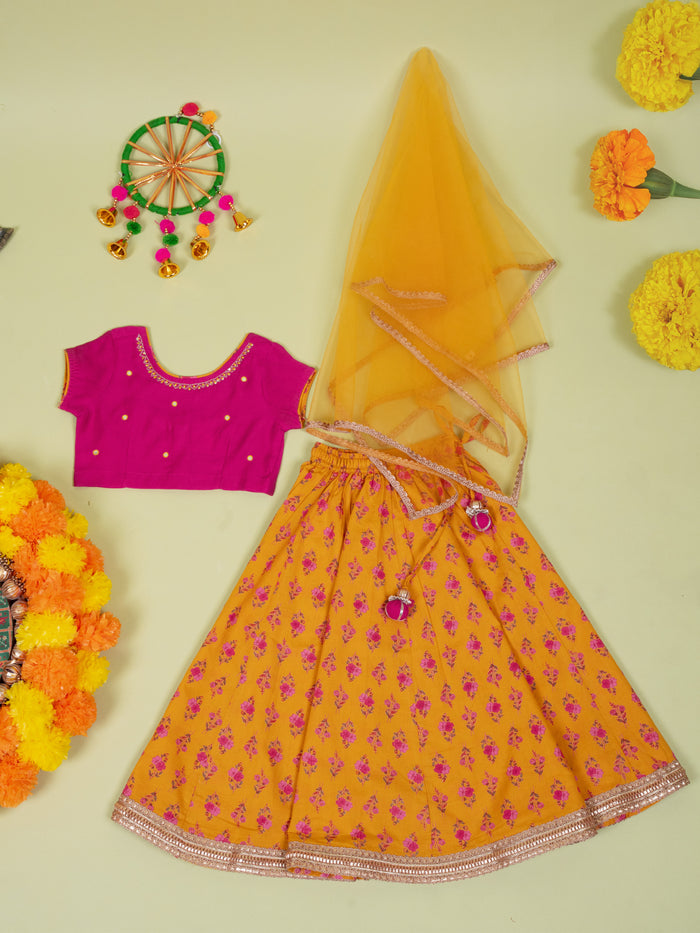 Pink & Musturd Chanderi 3 pcs Lehanga Set For Girls