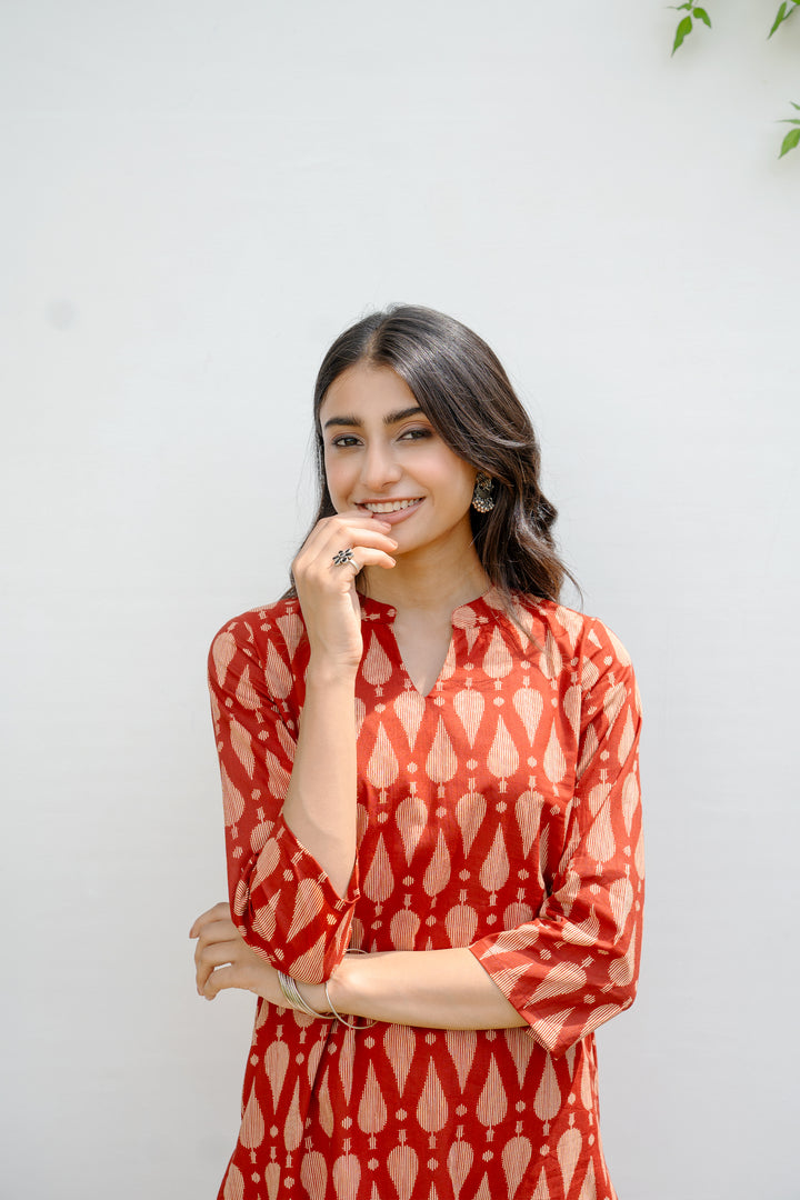 Red Cotton Printed Kurta For Women's